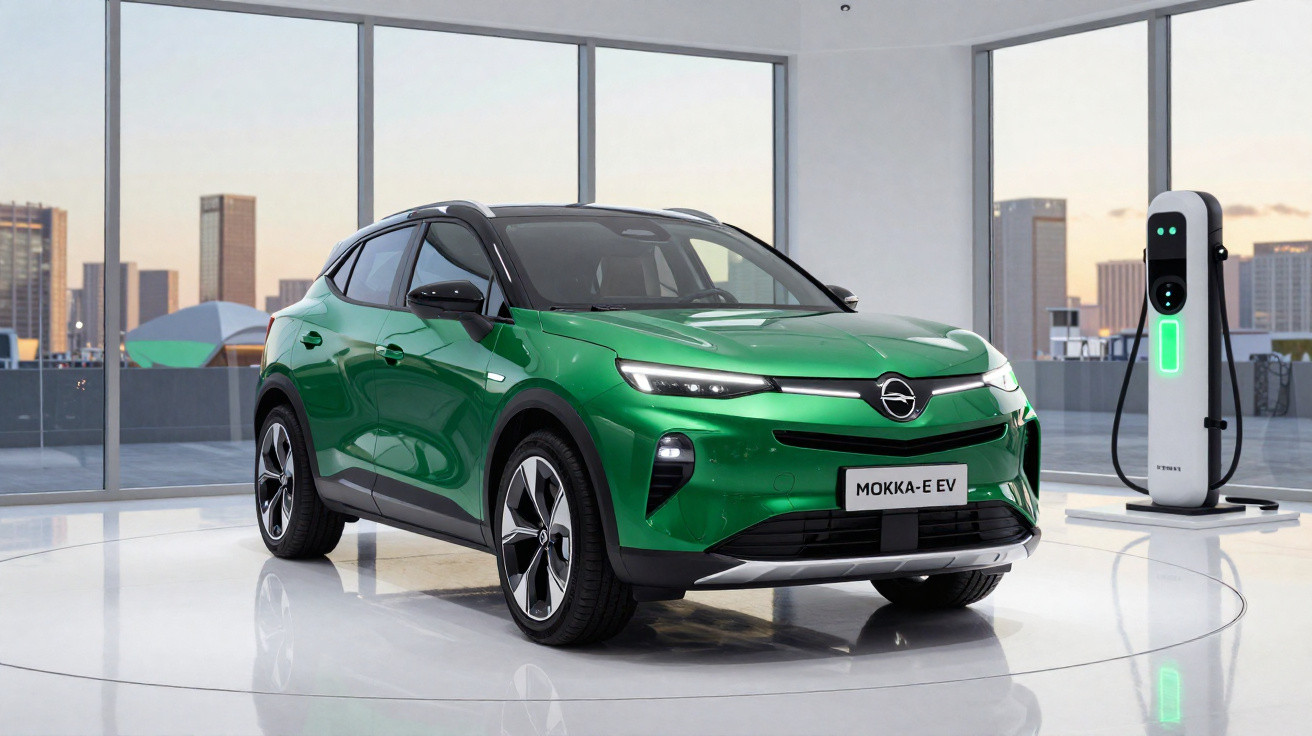 Carro elétrico Opel Mokka-e verde estacionado junto a estação de carregamento interior com vista urbana.