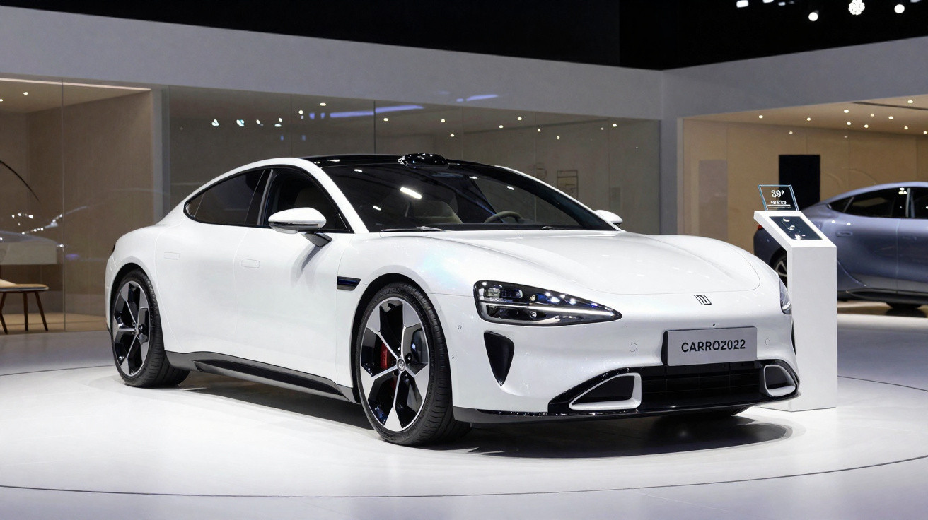 Carro desportivo branco com design moderno exposto numa feira automóvel interior.