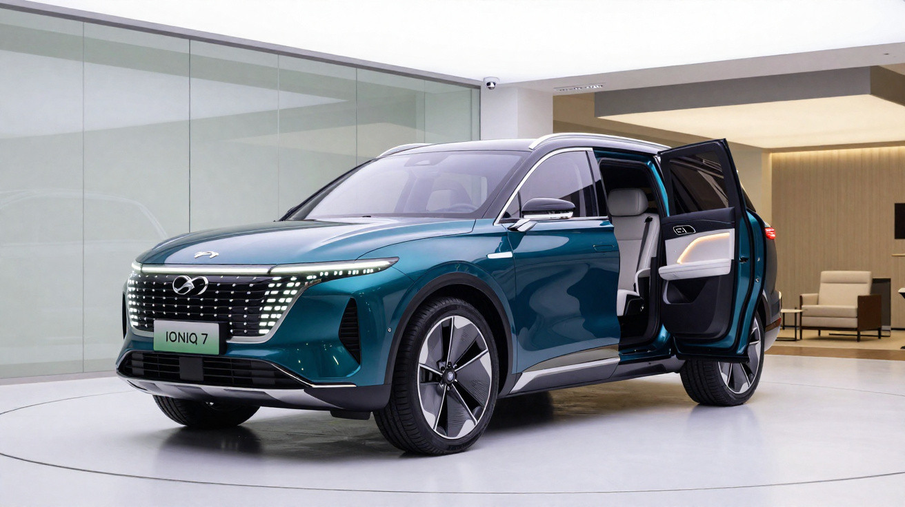 Carro elétrico Ioniq 7 azul com porta traseira aberta, exibido numa sala moderna e minimalista.