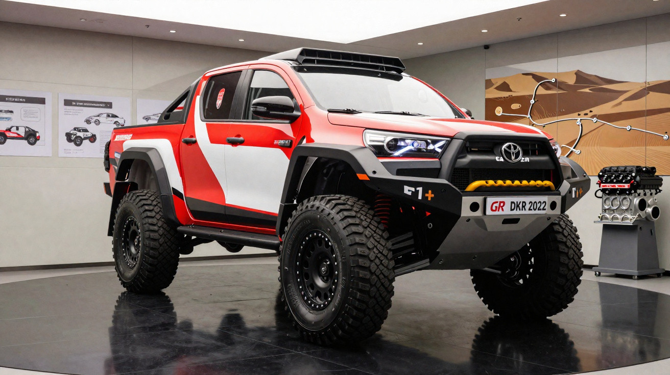 Pick-up Toyota Hilux remodelada para todo-o-terreno, exibida num salão com pintura vermelha, branca e preta.
