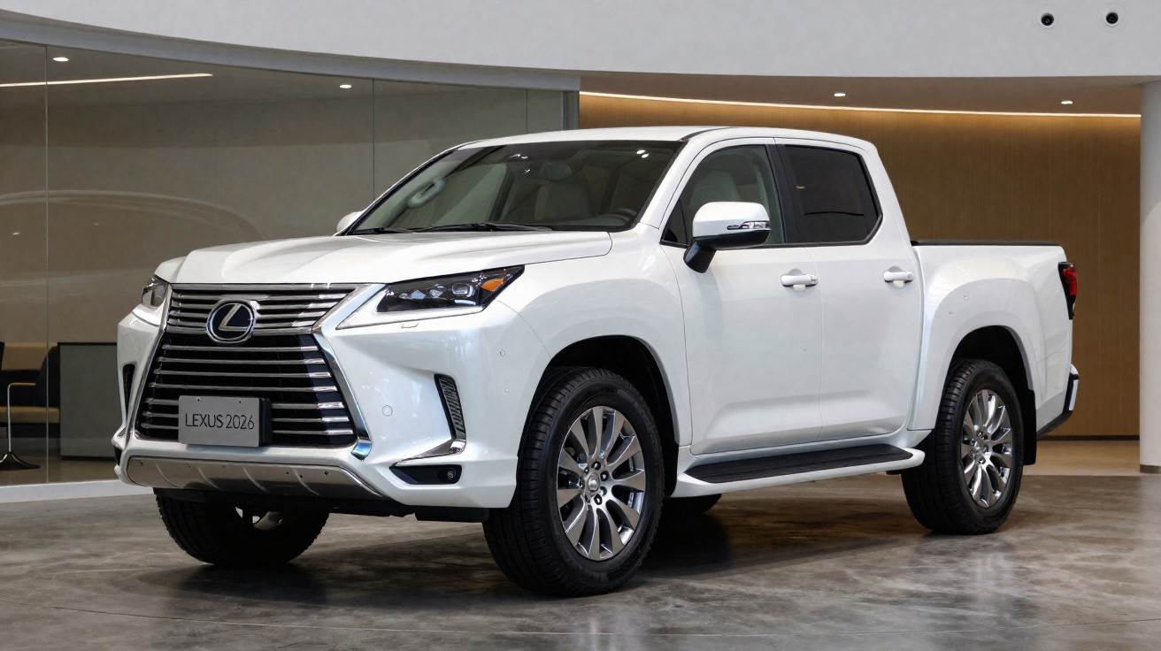 Picape branca Lexus 2026 estacionada em interior moderno com chão de cimento polido.