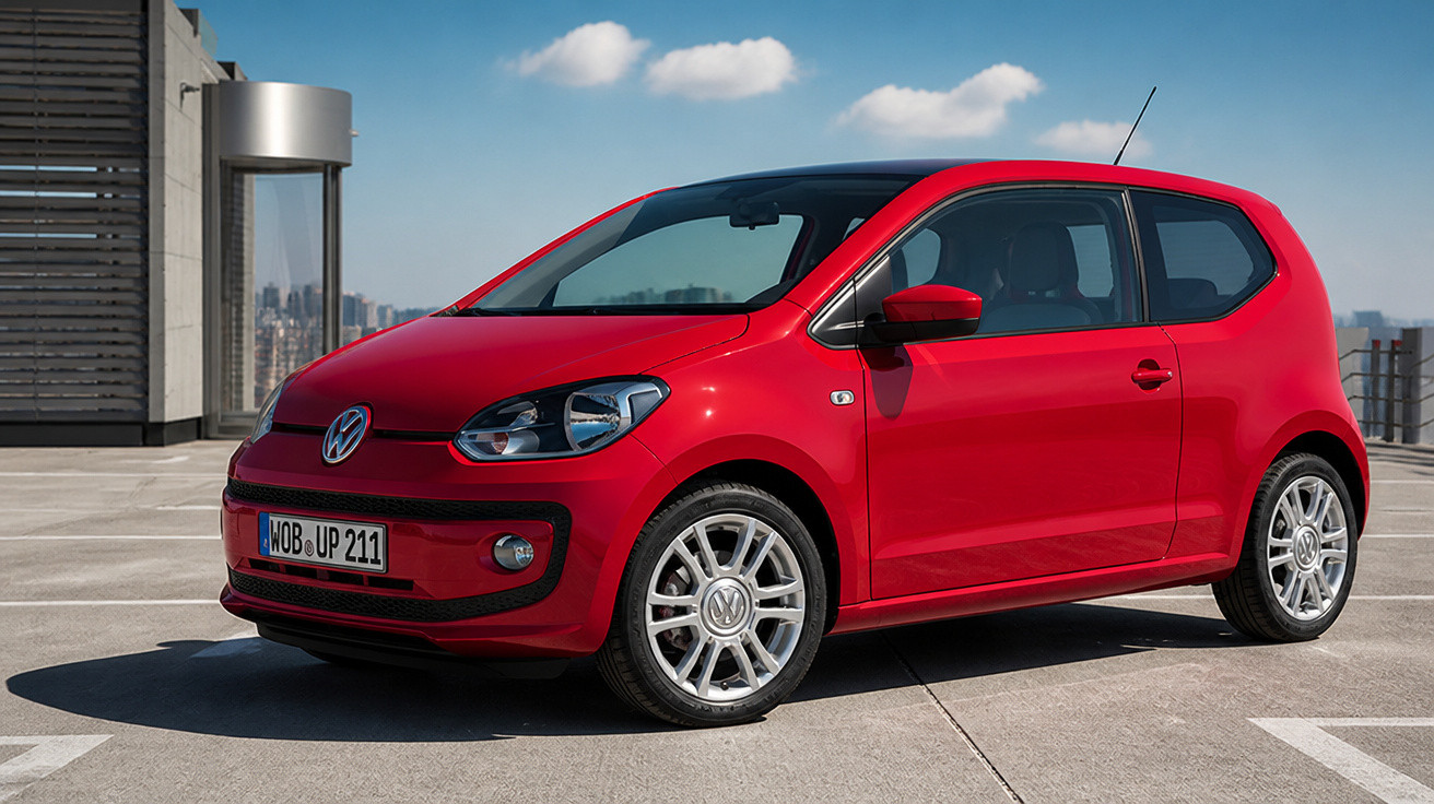 Carro citadino Volkswagen vermelho estacionado num parque de estacionamento ao ar livre em dia ensolarado.