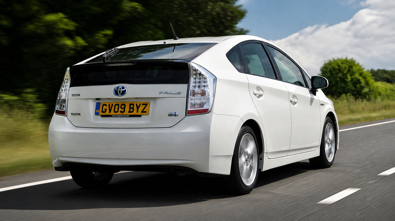 Carro Toyota Prius branco em movimento numa estrada asfaltada com vegetação ao lado.