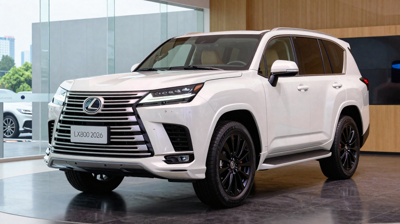 SUV Lexus LX800 branco 2026 estacionado em showroom moderno com janelas amplas e piso escuro.