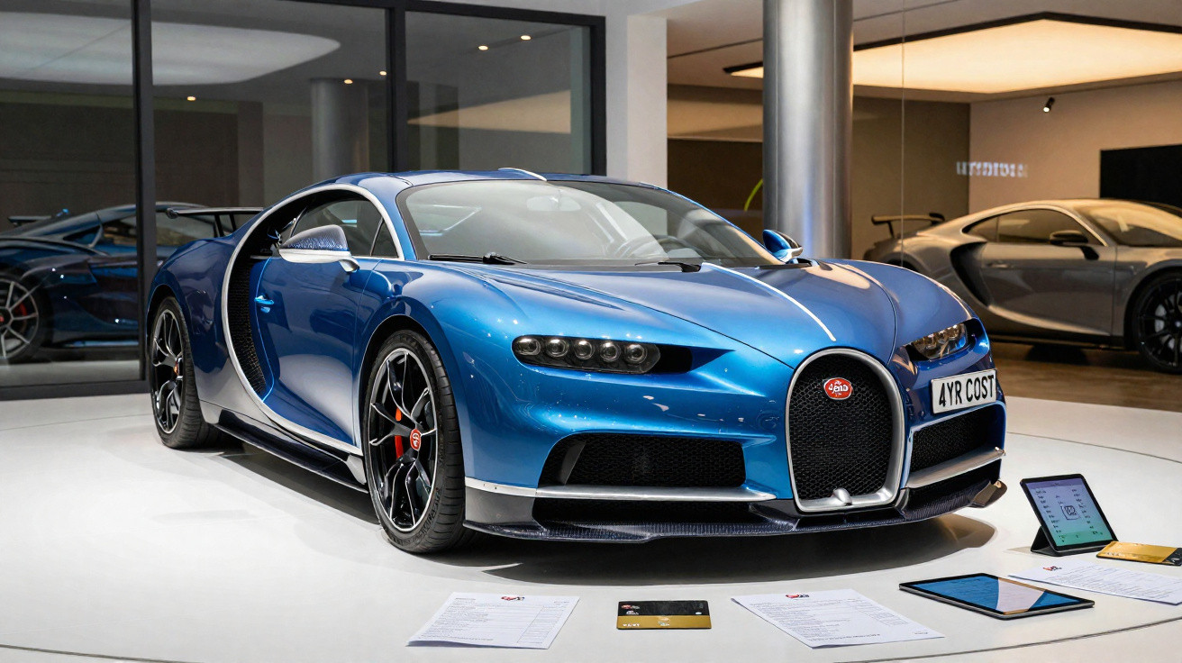 Carro desportivo azul Bugatti Chiron exposto num salão de automóveis moderno.