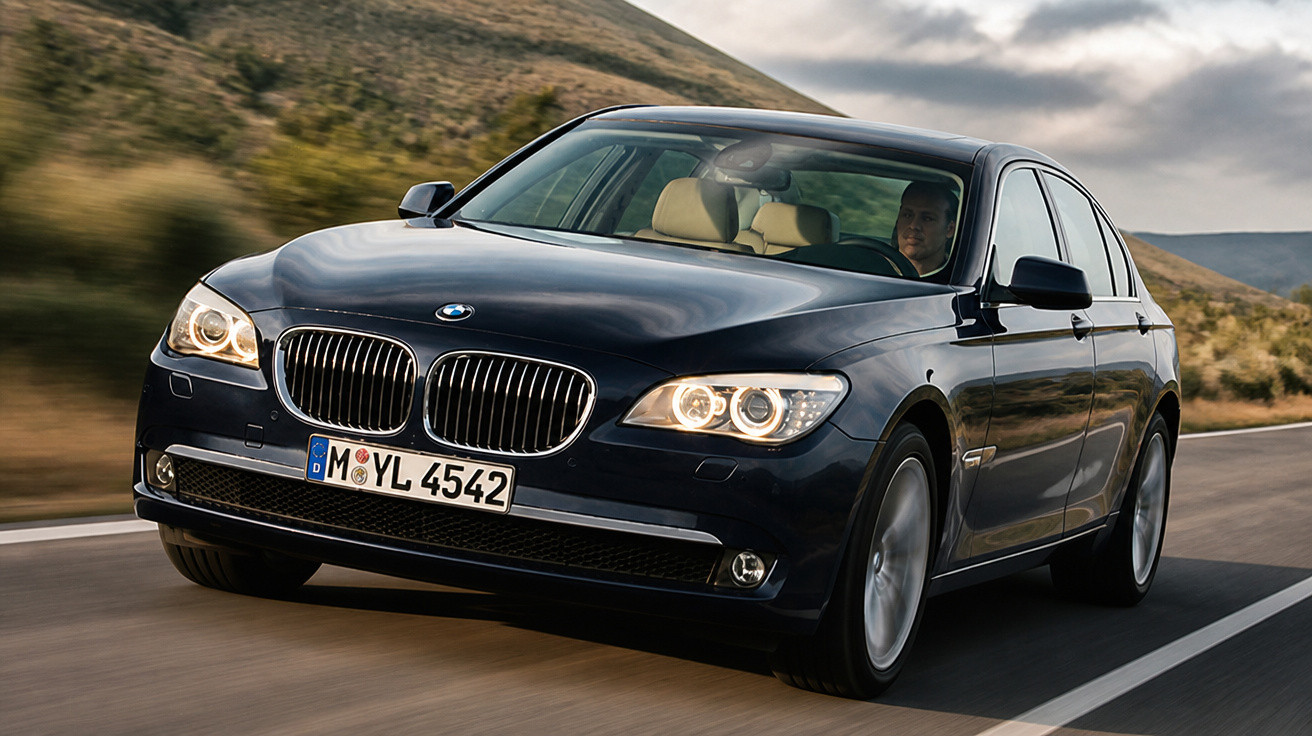 Carro BMW preto em movimento numa estrada com montanhas ao fundo e faróis ligados.