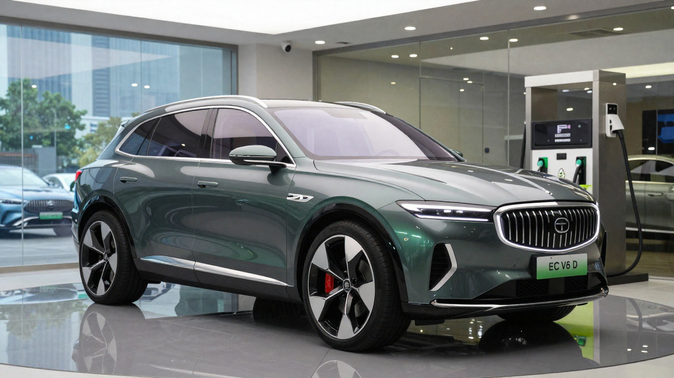 Carro elétrico SUV verde metálico em exposição interior moderna com recarregador wallbox ao fundo.
