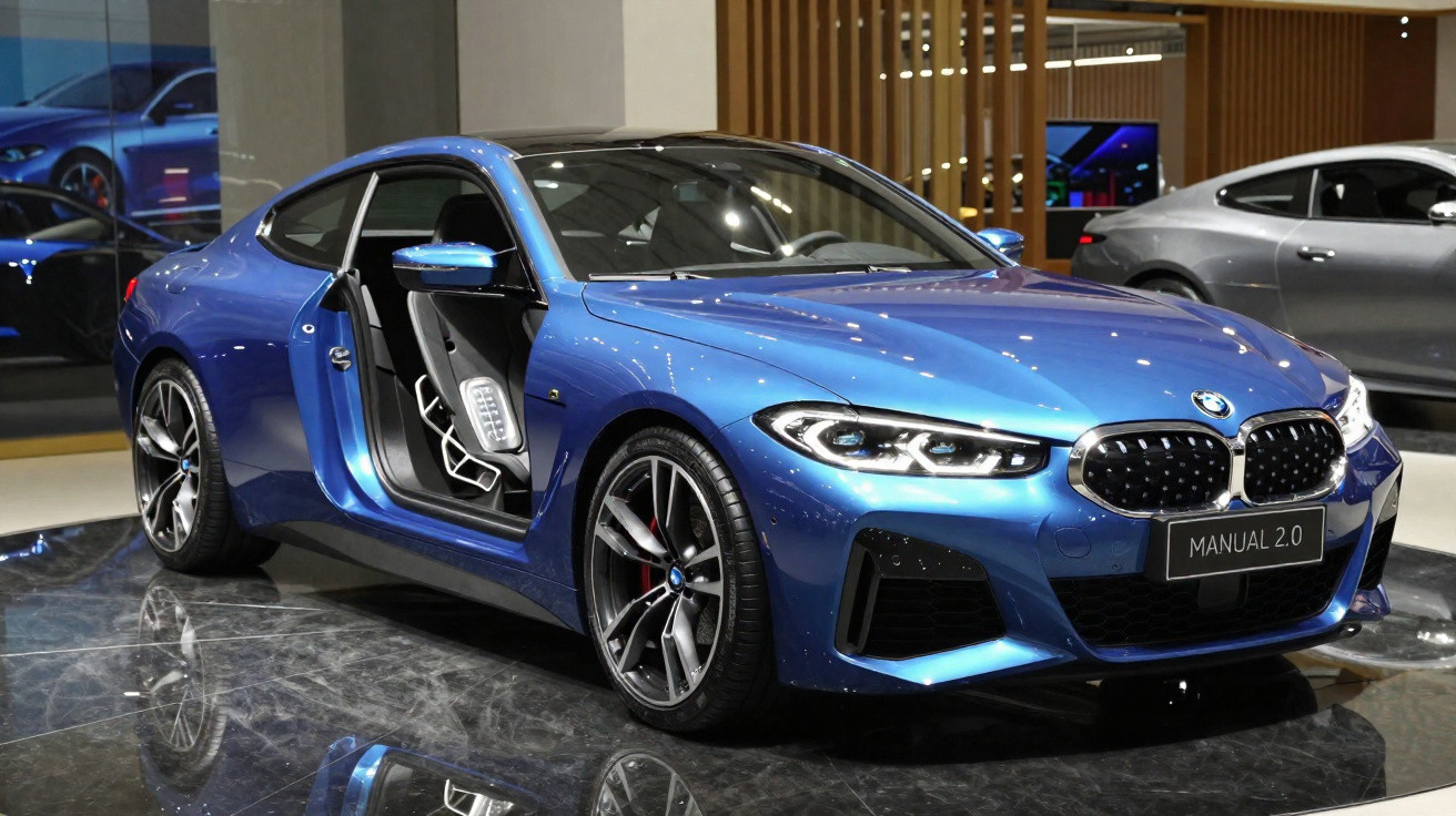Carro desportivo BMW azul com porta aberta exibindo assento desportivo em salão de automóveis.