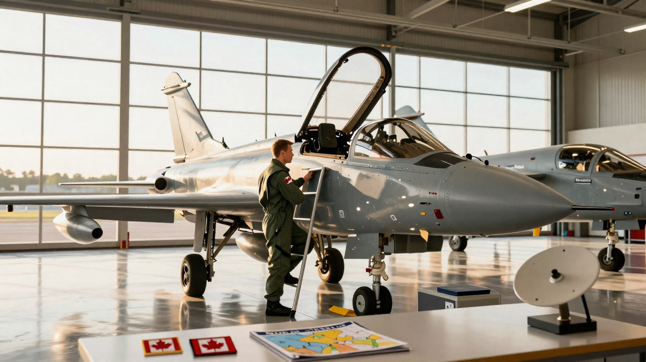 Piloto militar junto a caça militar cinzento numa hangar com cockpit aberto.