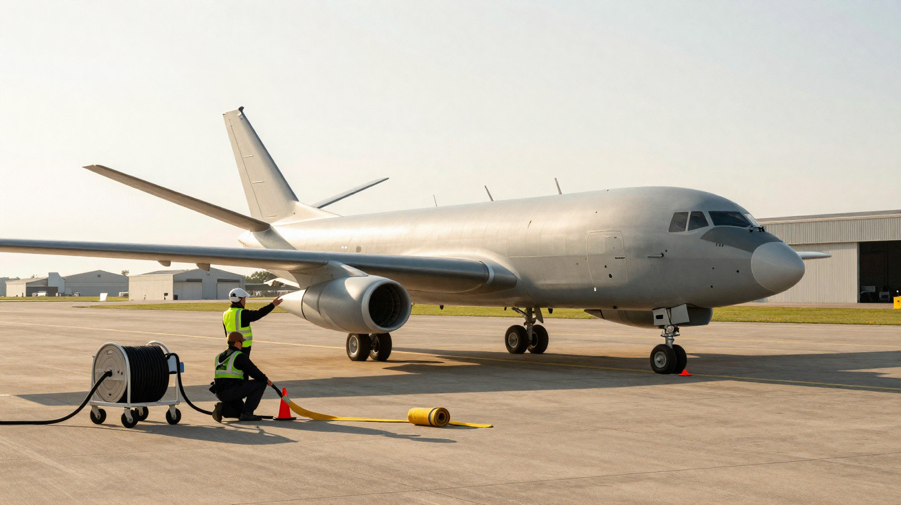 Avião estacionado no aeroporto com técnicos a preparar equipamentos no alcatrão ao pôr do sol.