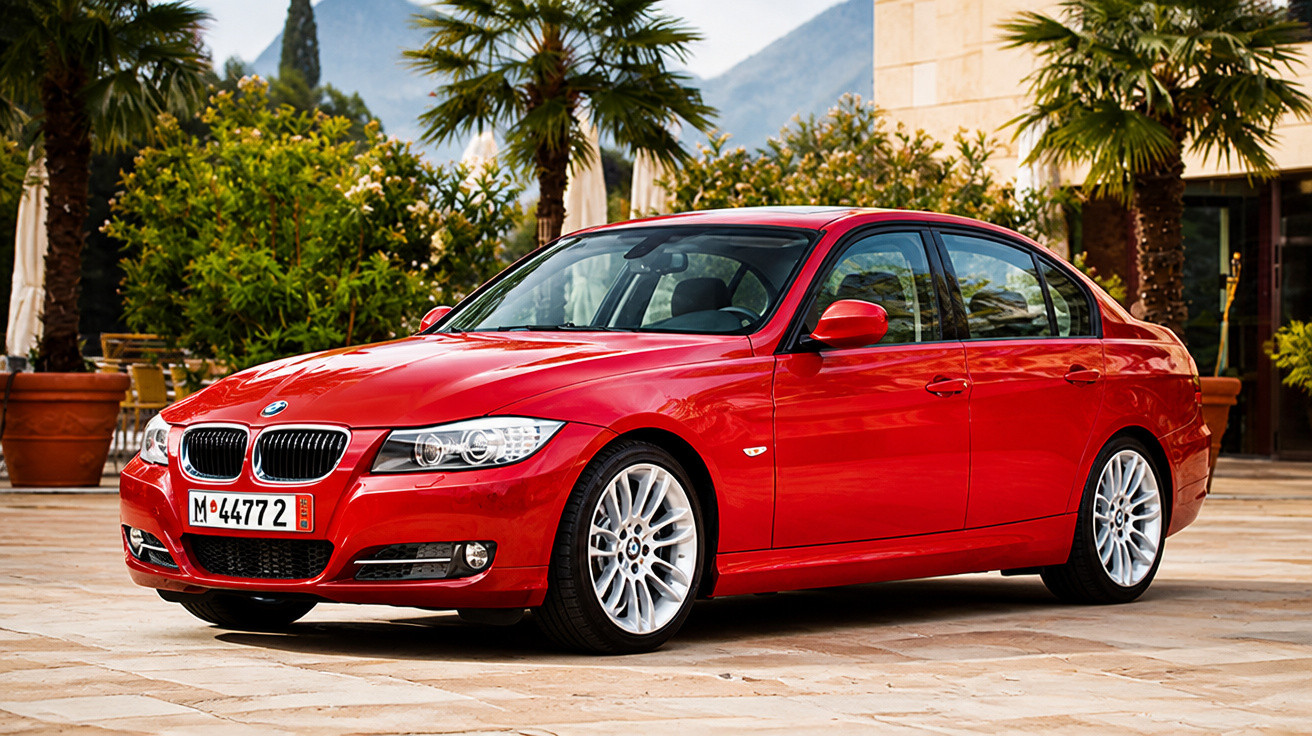 Carro BMW vermelho estacionado numa área ao ar livre com palmeiras e montanhas ao fundo.