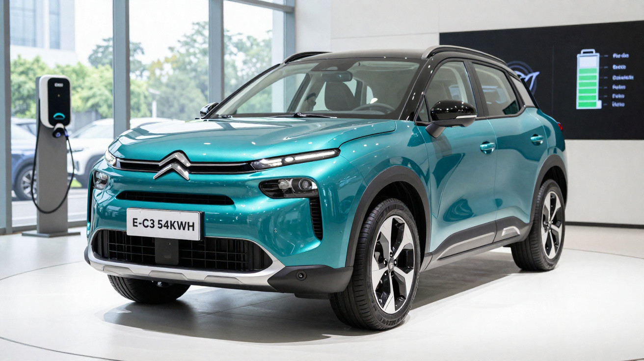 Carro elétrico Citroën E-C3 azul exposto numa sala com posto de carregamento ao lado.