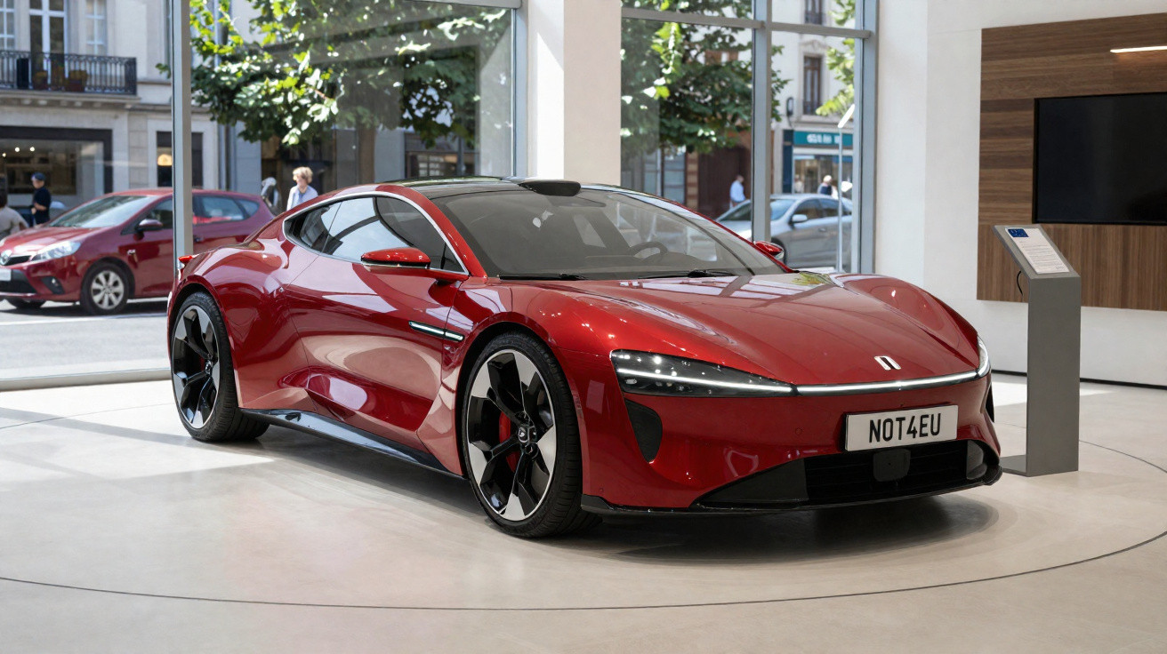 Automóvel desportivo vermelho com design moderno exposto em showroom com janelas grandes.