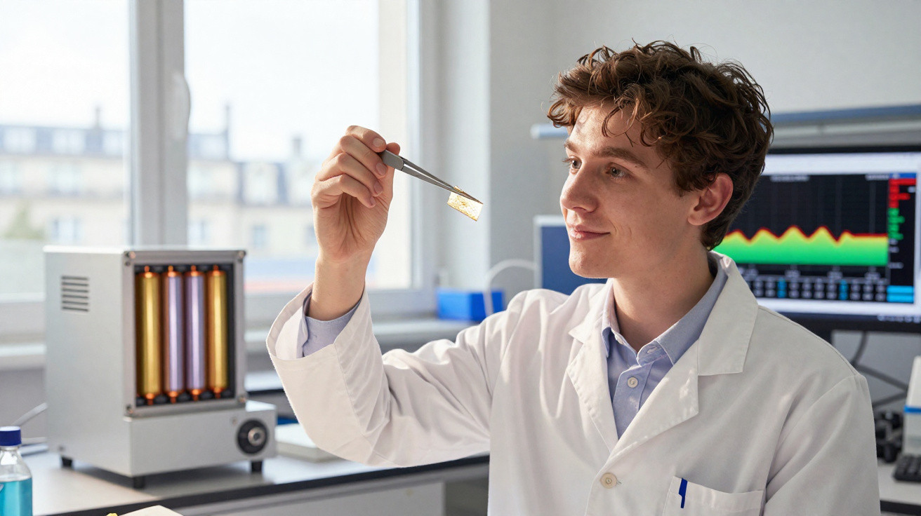 Cientista jovem em bata branca a analisar uma lâmina de vidro com pinça num laboratório moderno.