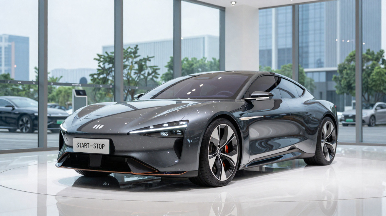 Carro elétrico cinza escuro com design futurista exibido numa sala de exposições moderna e iluminada.