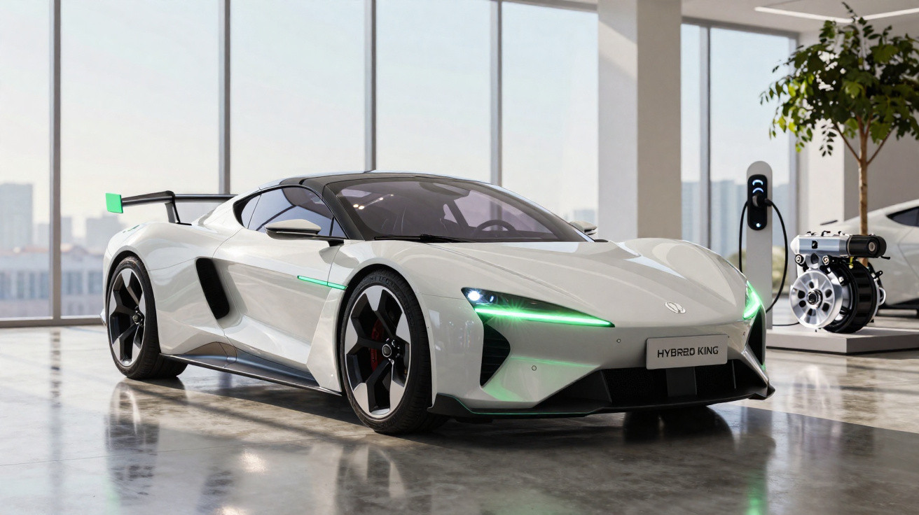 Desportivo elétrico branco com luzes verdes, placa "Hybrid King" em garagem moderna iluminada.
