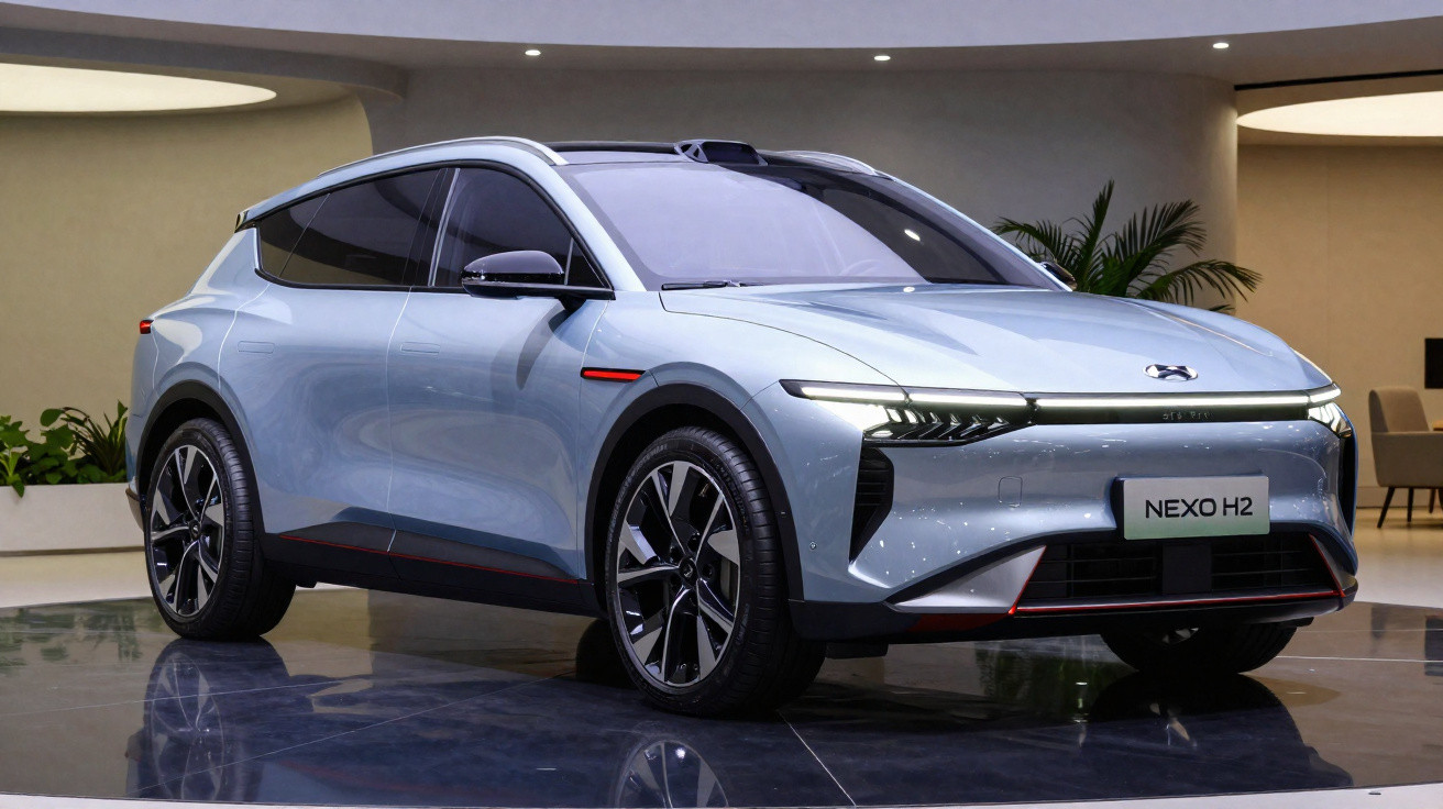 Carro elétrico Hyundai NEXO H2 prateado exibido num salão moderno com piso espelhado.