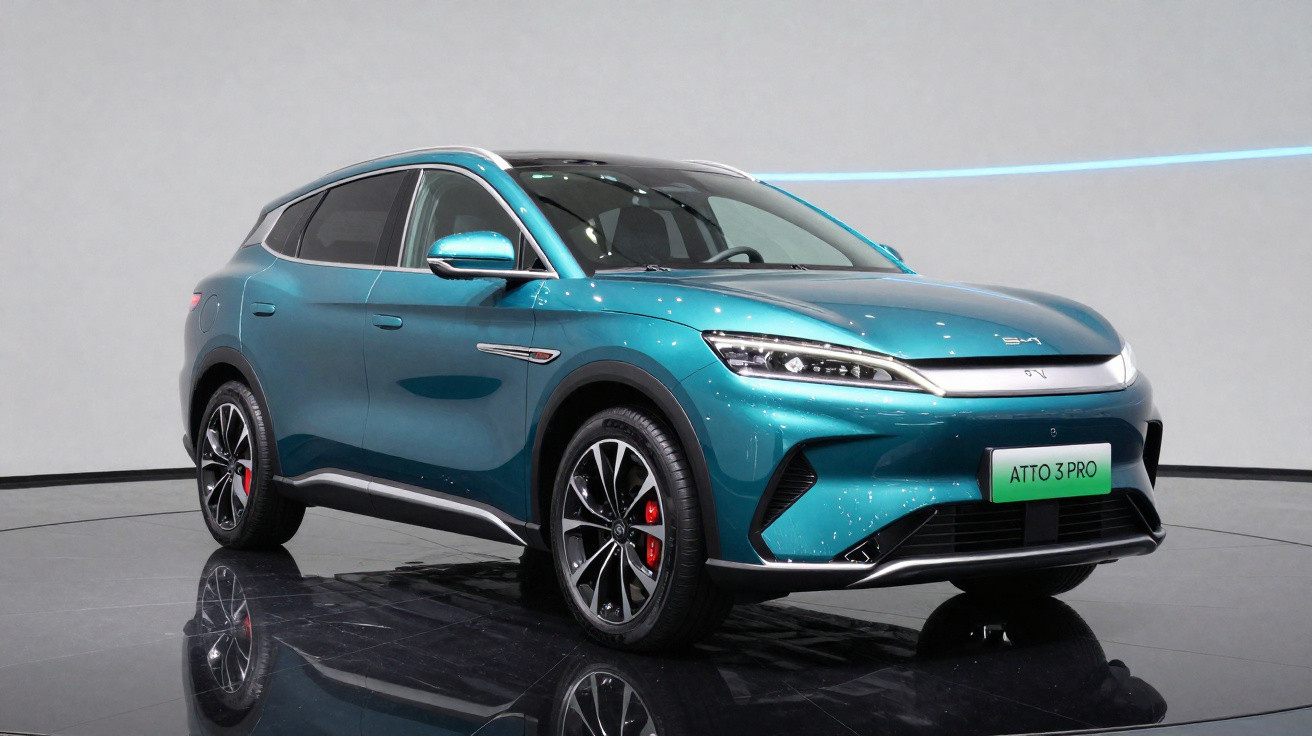 Carro SUV elétrico azul metálico BYD Atto 3 Pro estacionado em piso refletor em cena interna.