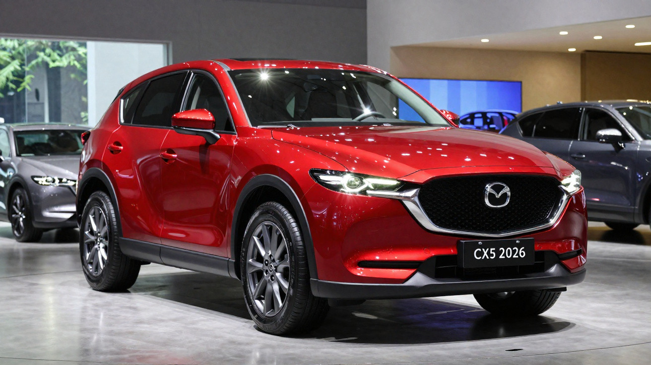 Carro SUV vermelho Mazda CX-5 modelo 2026 em exposição interior com outros veículos ao fundo.