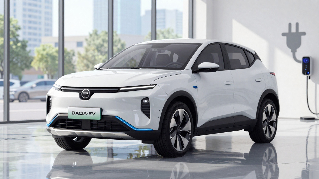 SUV elétrico branco Dacia EV estacionado em showroom moderno com estação de carregamento na parede.