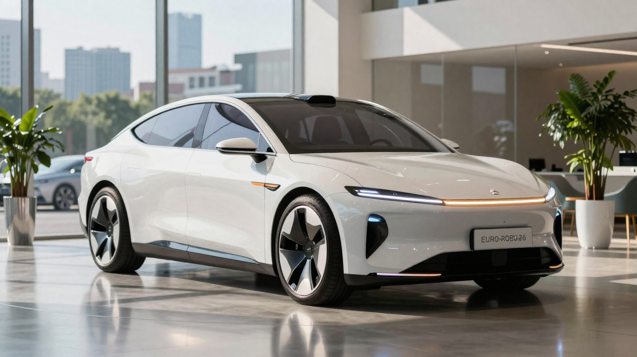 Carro elétrico branco estacionado numa sala moderna com janelas grandes e luz natural.