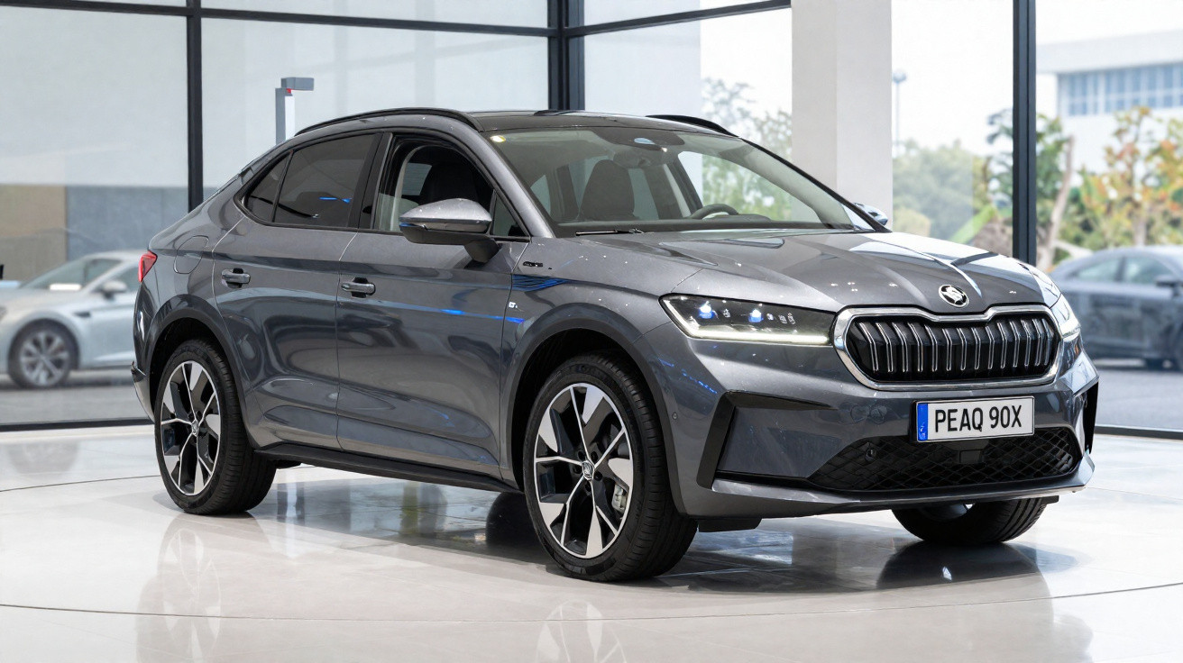 Carro SUV cinza Skoda com design moderno exibido em showroom com janelas grandes.