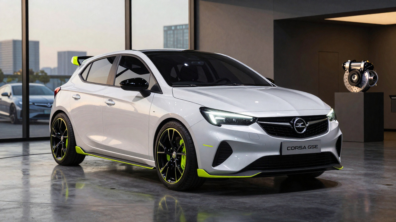 Carro elétrico desportivo Opel Corsa GSe branco com detalhes verdes num ambiente industrial moderno.