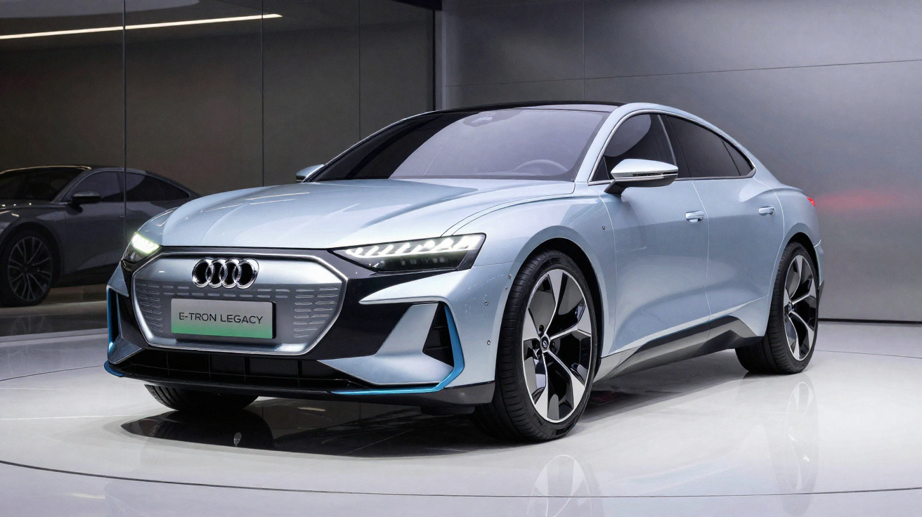 Carro elétrico Audi e-tron Legacy cinzento mostrado em estúdio com luzes dianteiras ligadas.