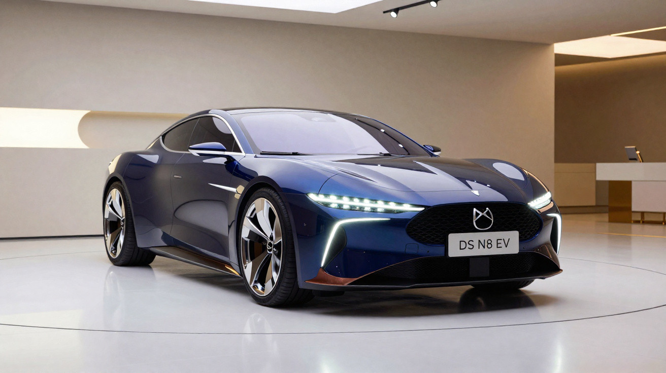 Carro elétrico desportivo azul DS N8 EV num espaço interior minimalista e iluminado.