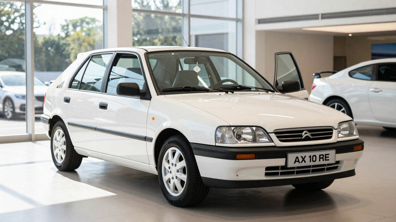 Carro Citroën AX branco estacionado em espaço interior claro, placa dianteira com texto AX 10 RE.