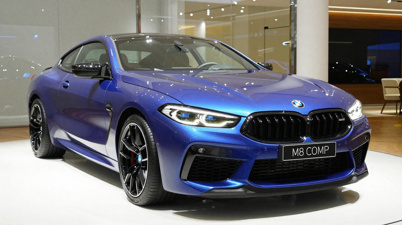 Carro desportivo BMW M8 Competition azul metalizado exposto em showroom com luzes interiores brilhantes.