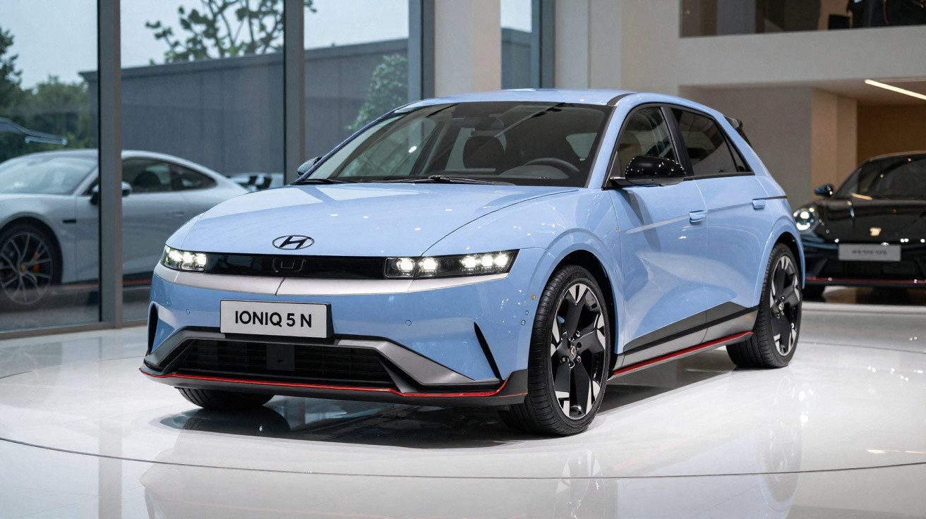 Carro elétrico Hyundai Ioniq 5 N azul exposto numa área moderna e iluminada de showroom.
