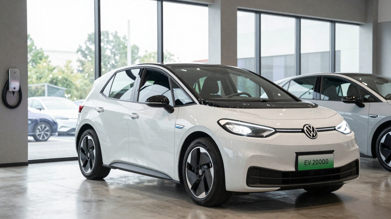 Automóvel elétrico branco Volkswagen em exposição numa sala com grandes janelas e carregador na parede.