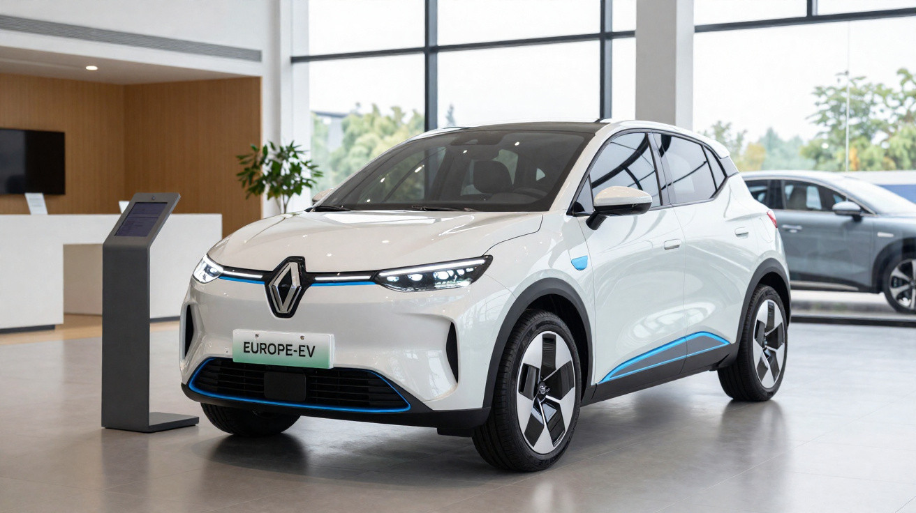 Carro elétrico branco Renault Europe-EV exposto em showroom moderno com vidros amplos.