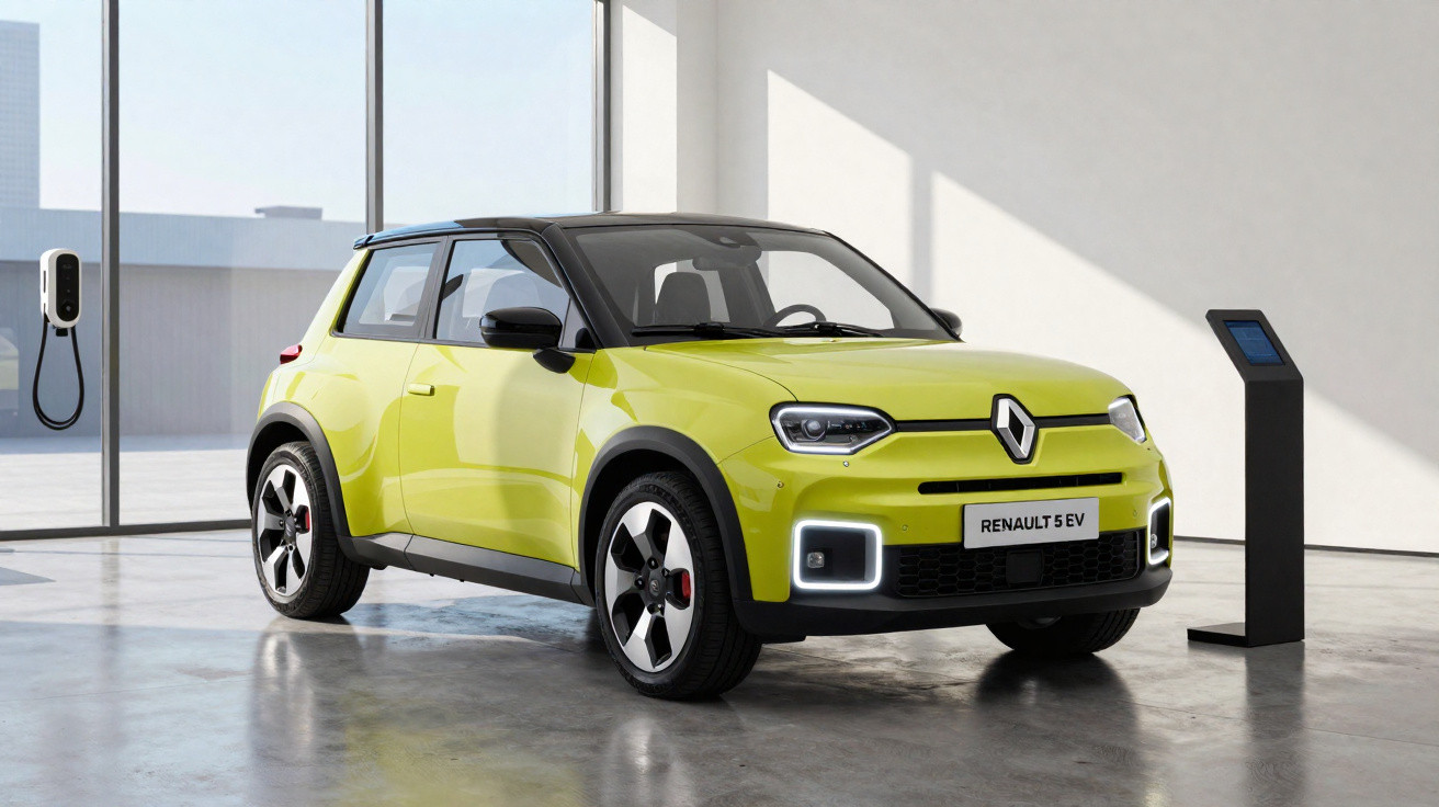 Carro elétrico Renault 5 EV verde estacionado em garagem moderna com posto de carregamento.