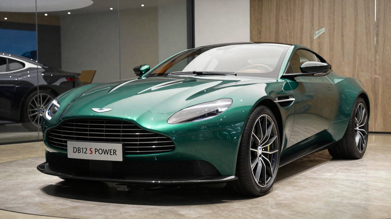 Carro desportivo verde Aston Martin DB12 S Power estacionado em showroom moderno.