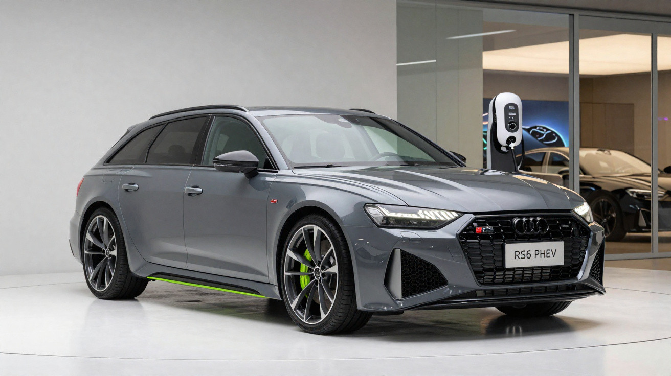 Automóvel Audi RS6 PHEV cinza estacionado em showroom junto a estação de carregamento elétrico.