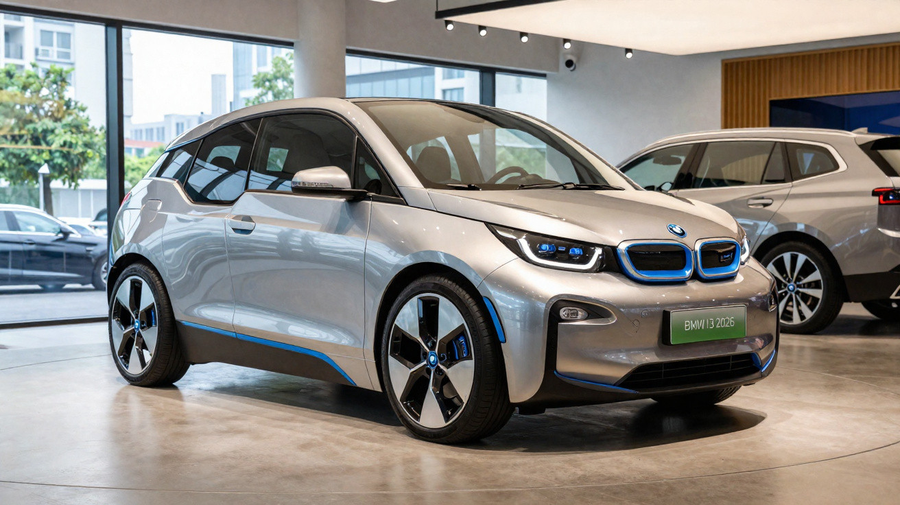 Carro elétrico BMW i3 prateado exibido numa exposição moderna com janelas grandes e outro veículo ao fundo.