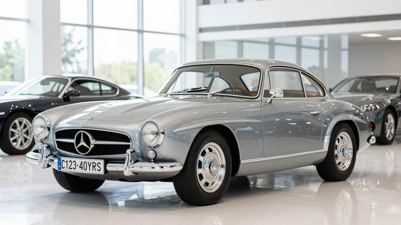 Automóvel clássico Mercedes-Benz coupé prateado numa exposição em ambiente moderno com grandes janelas.