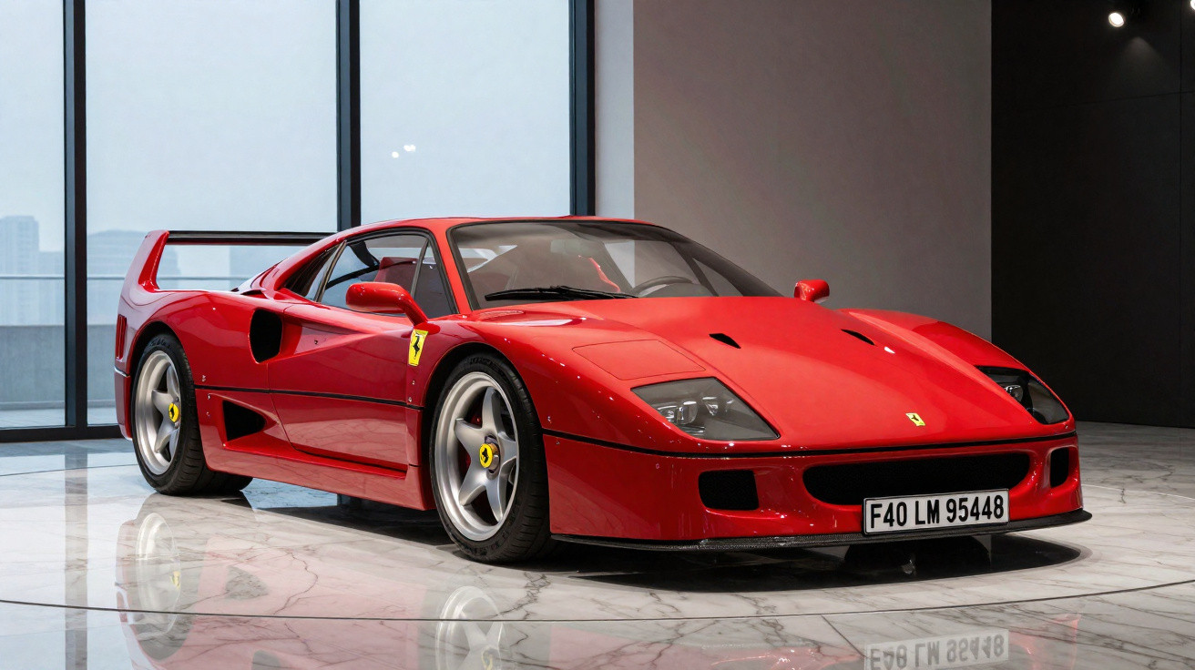 Carro desportivo Ferrari F40 vermelho, em exposição num interior com piso de mármore.