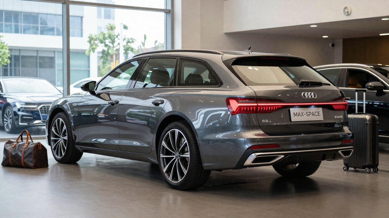 Carro Audi cinzento estacionado num showroom, com mala de viagem e mala de mão à sua volta.