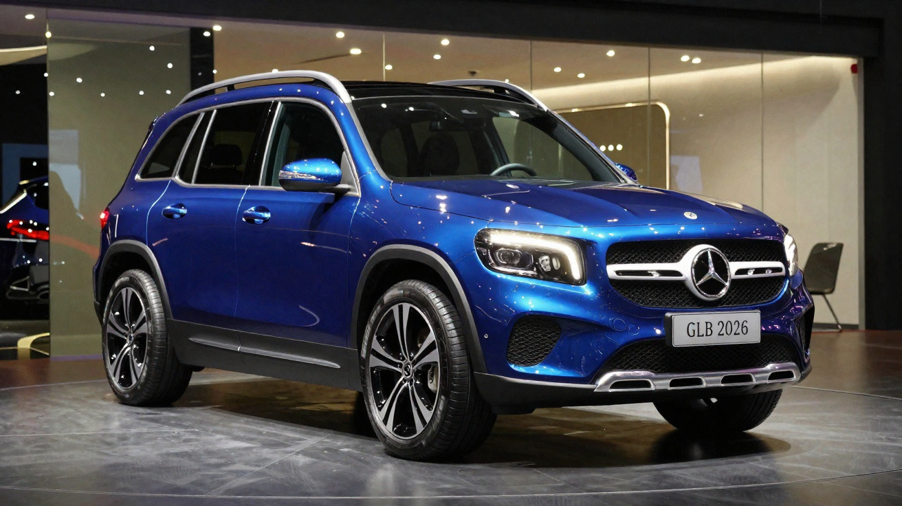 Carro SUV Mercedes-Benz GLB 2026 azul metálico em exposição num salão com iluminação direta.