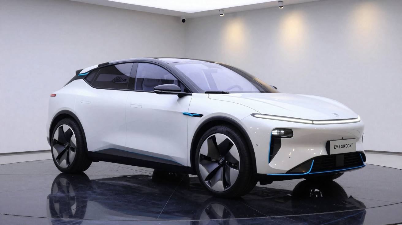 Carro elétrico branco EV LONCOST estacionado em plataforma giratória num showroom minimalista.
