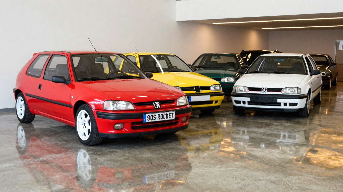 Cinco carros clássicos estacionados em garagem com piso brilhante, destacando um Peugeot vermelho à frente.