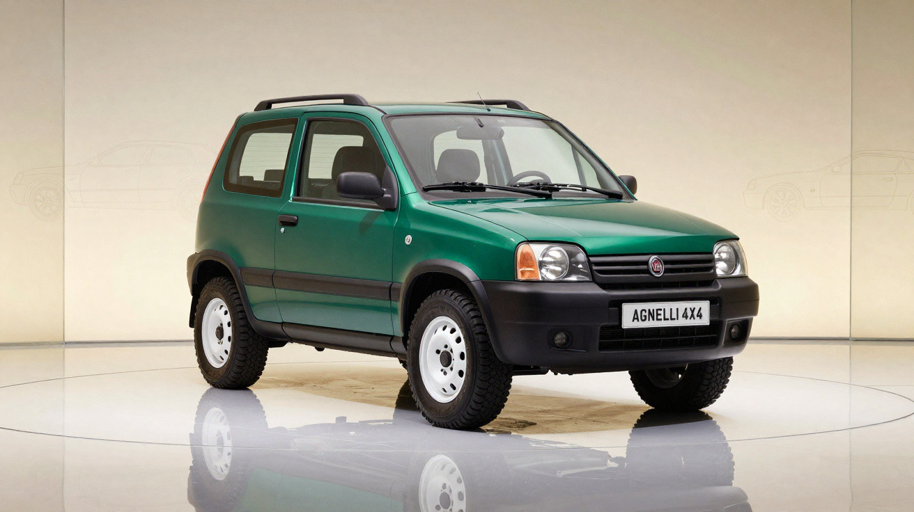 Carro compacto verde Fiat Agnelli 4x4 em estúdio com fundo neutro e refletor no chão.