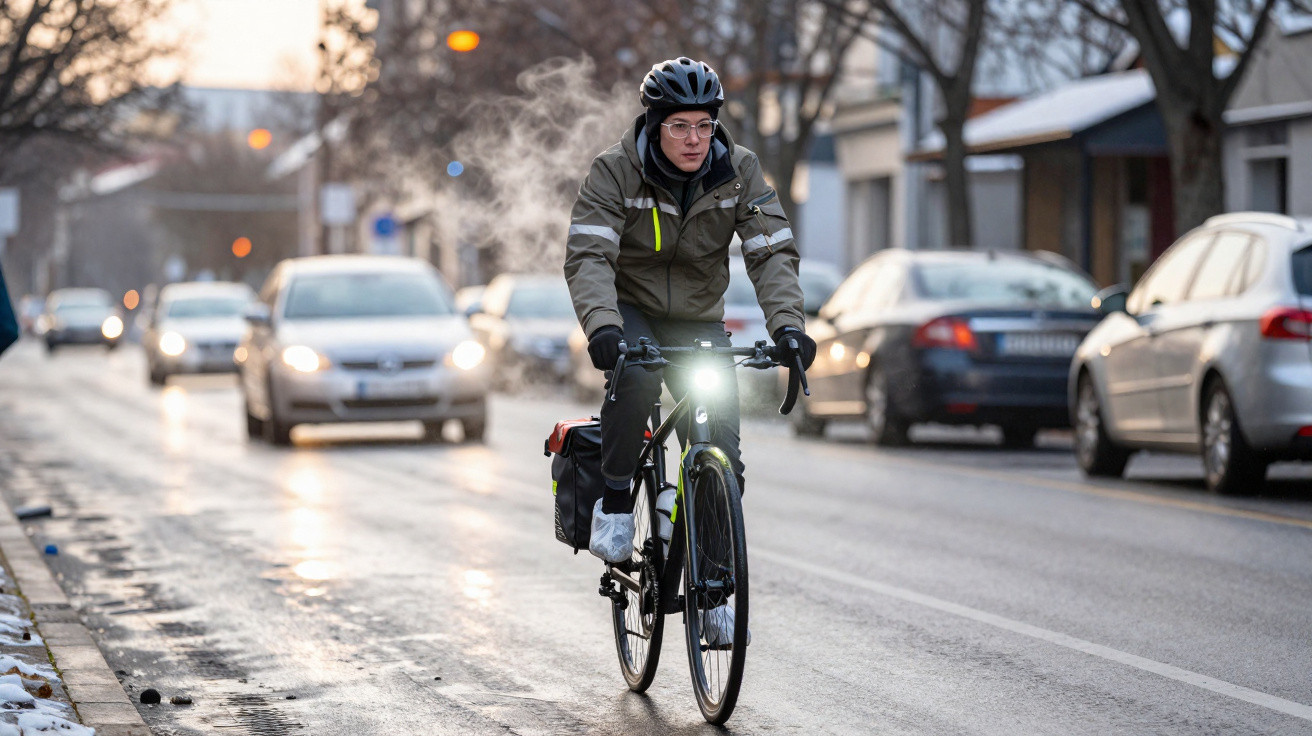Pessoa com capacete e roupa de inverno a andar de bicicleta numa rua citadina com carros atrás num dia frio.