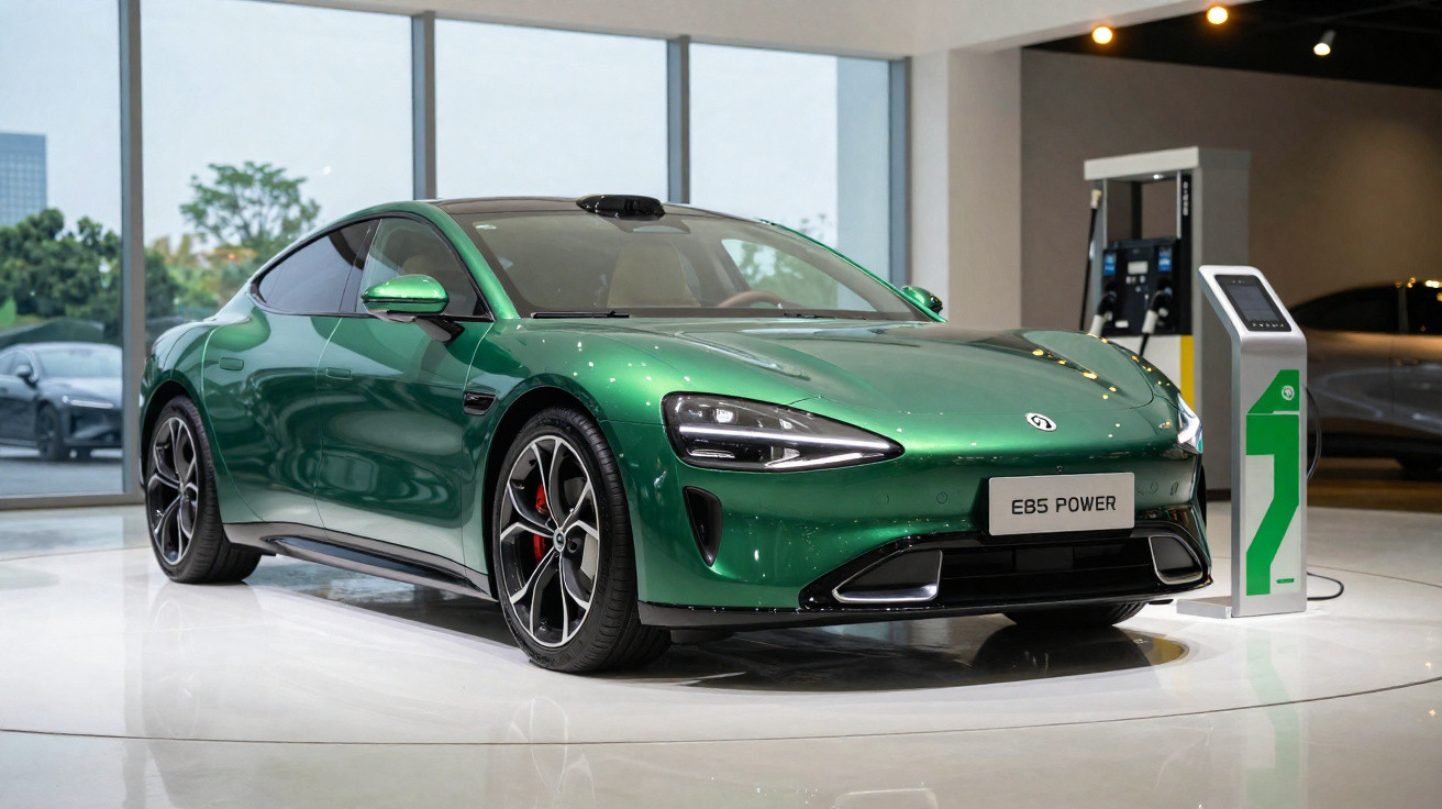 Carro elétrico desportivo verde com design moderno em exposição, junto a estação de carregamento.