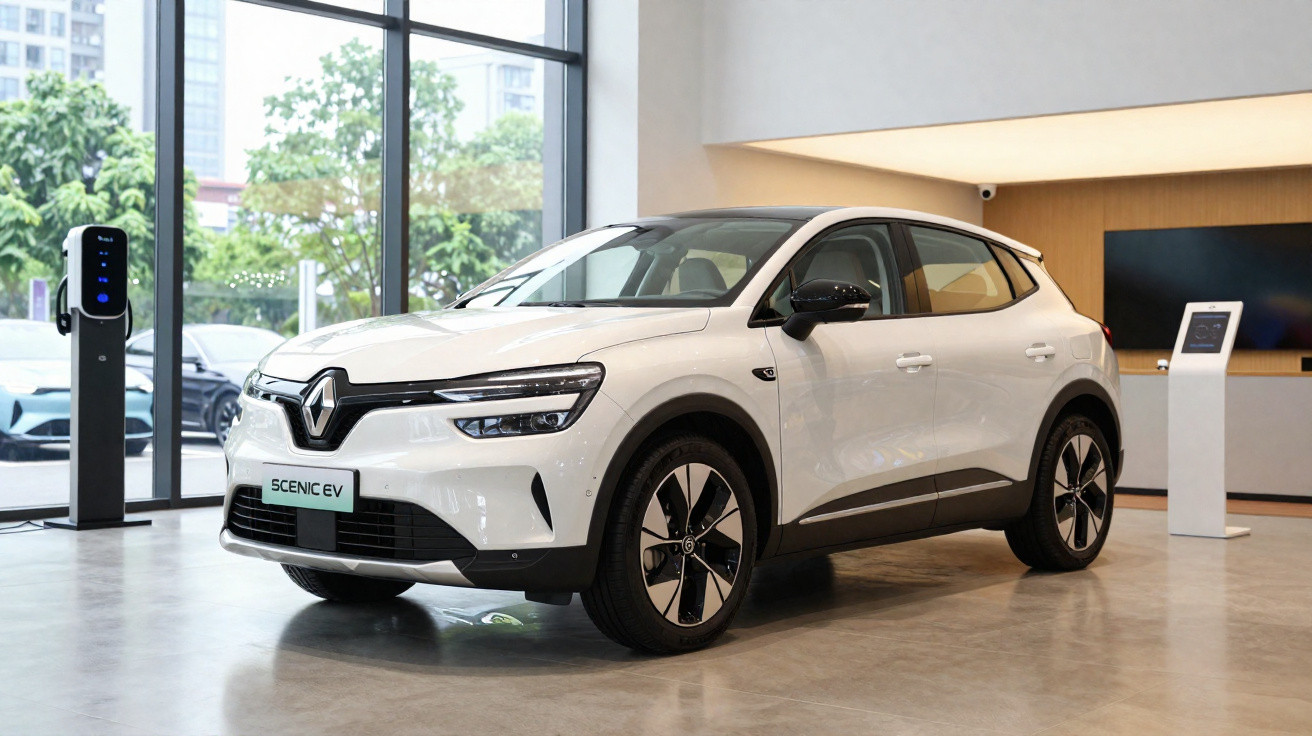 Carro elétrico Renault Scenic EV branco estacionado em showroom moderno com estação de carregamento.
