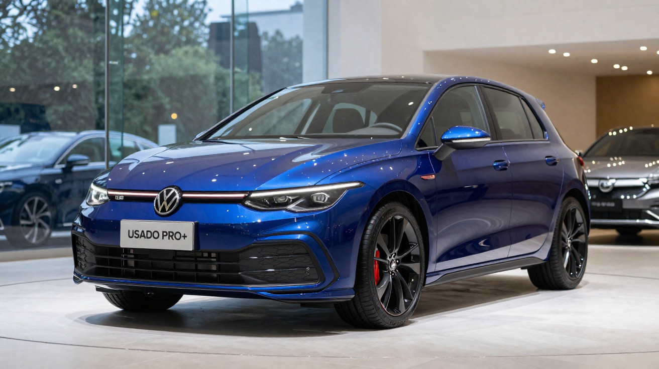 Carro Volkswagen Golf azul escuro em exposição numa concessionária, visto de frente e lado esquerdo.