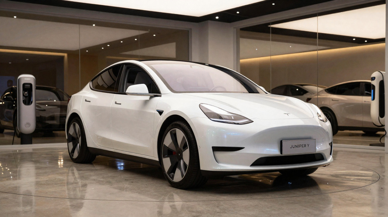 Carro elétrico Tesla branco estacionado num showroom moderno com carrinhos e postos de carregamento ao fundo.